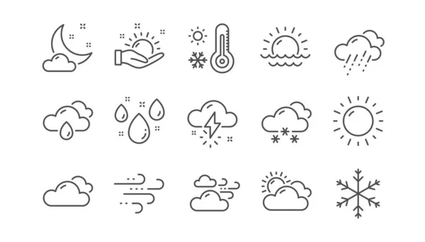 Weer en prognose lijn iconen. Bewolkt lucht, winter sneeuwvlok en thermometer. Lineaire set. Vector — Stockvector