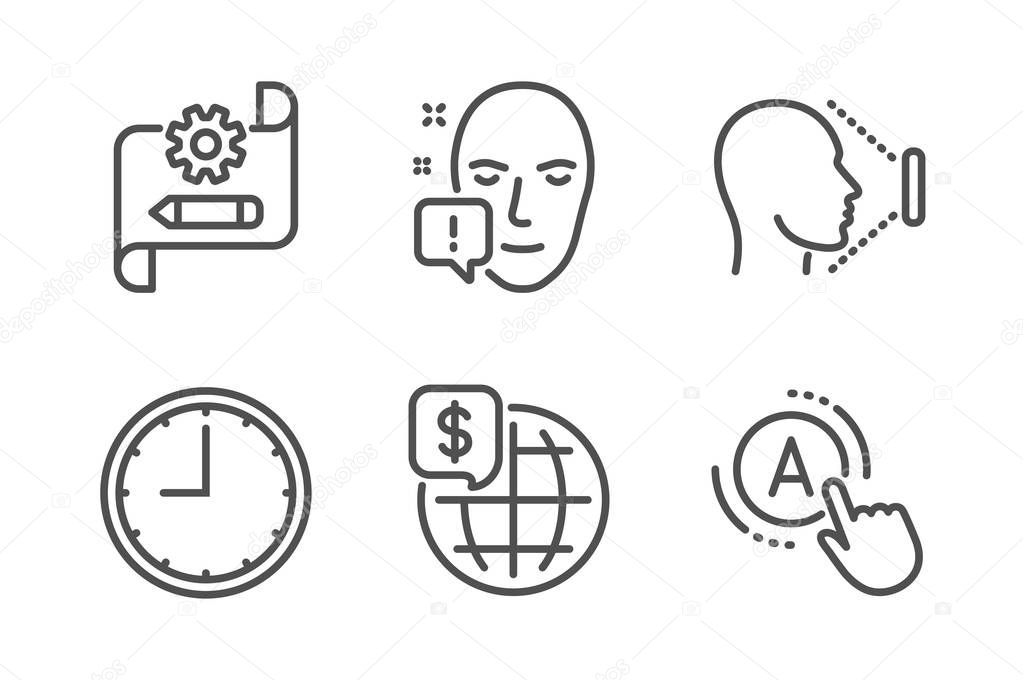 World money, Cogwheel blueprint and Time icons set. Face id, Face attention and Ab testing signs. Vector