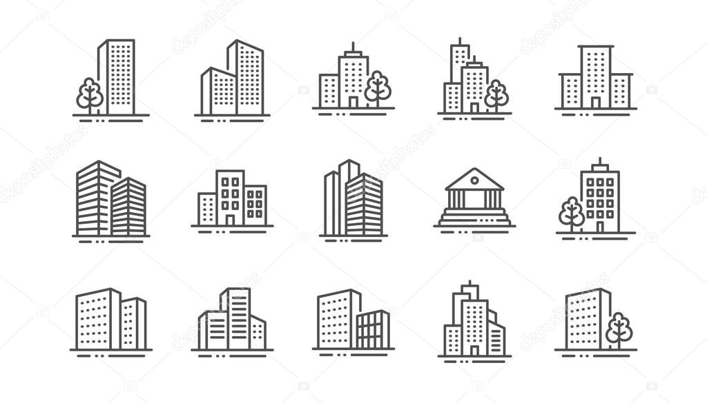 Buildings line icons. Bank, hotel, courthouse. City architecture, skyscraper building. Vector