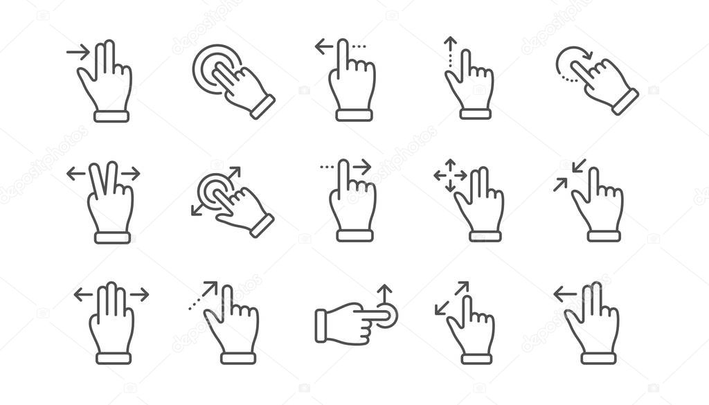 Touchscreen gesture line icons. Hand swipe, Slide gesture, Multitasking. Linear set. Vector