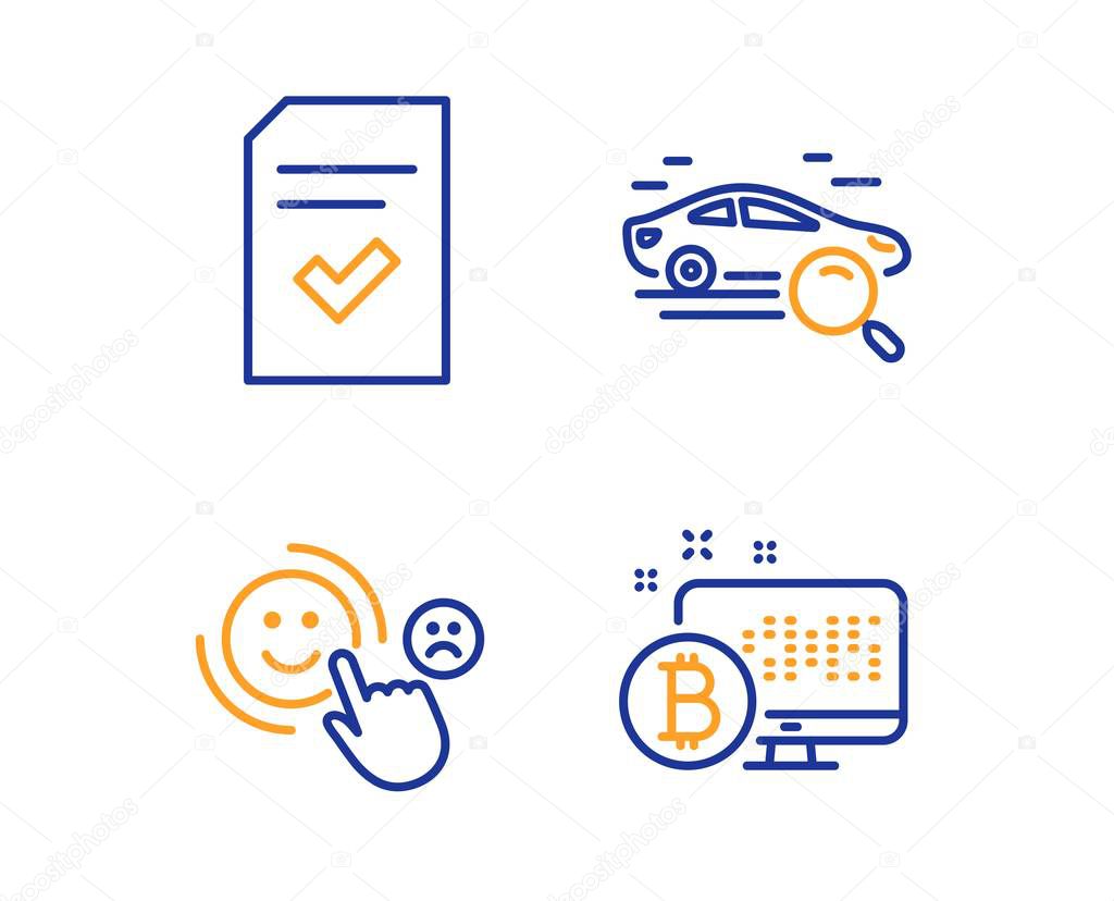 Search car, Checked file and Customer satisfaction icons set. Bitcoin system sign. Vector