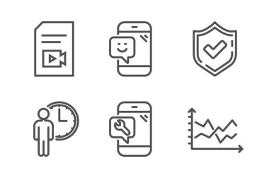 Telefon tamiri, bekleyen ve teyit simgeler ayarlayın. Video dosyası, gülümseme ve diyagram grafik işaretleri. Vektör