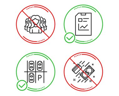 Kadın grubu, park yeri ve rapor belgesi simgeleri ayarlandı. Ödeme işareti. Vektör