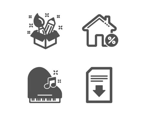 Iconos de casa de préstamos, piano y creatividad. Descargar signo de archivo. Porcentaje de descuento, Fortepiano, idea de diseño. Vector — Archivo Imágenes Vectoriales