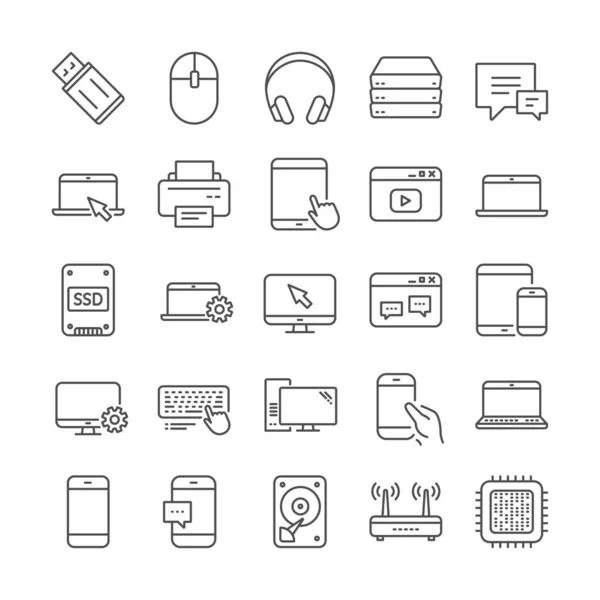 Linje ikoner för mobila enheter. Laptop, SSD och HDD. Vector — Stock vektor