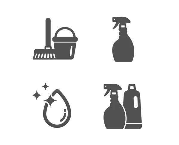 Wassertropfen, Spray und Eimer mit Wischmop-Symbolen. Shampoo und Sprühschild. Vektor — Stockvektor