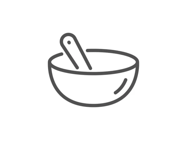 Cozinhar ícone de linha de mistura. Tigela com placa de colher. Preparação de alimentos. Vetor — Vetor de Stock