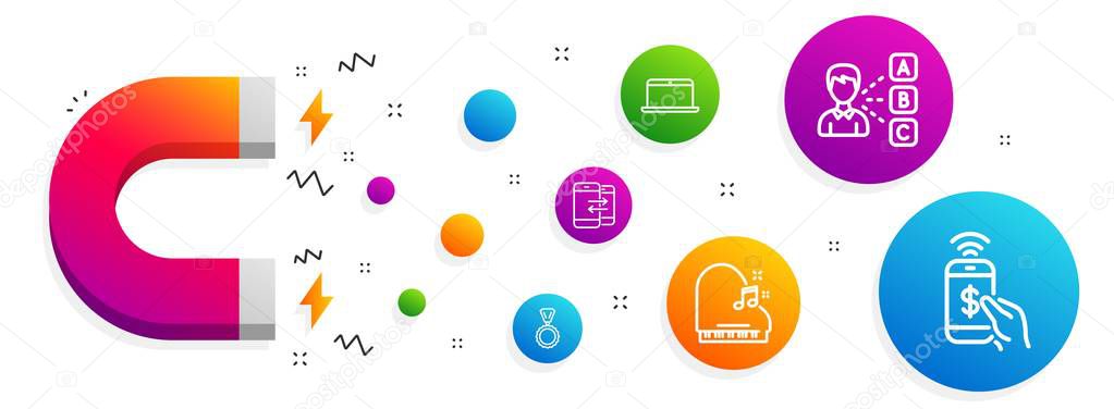 Laptop, Medal and Opinion icons set. Piano, Phone communication and Phone payment signs. Vector