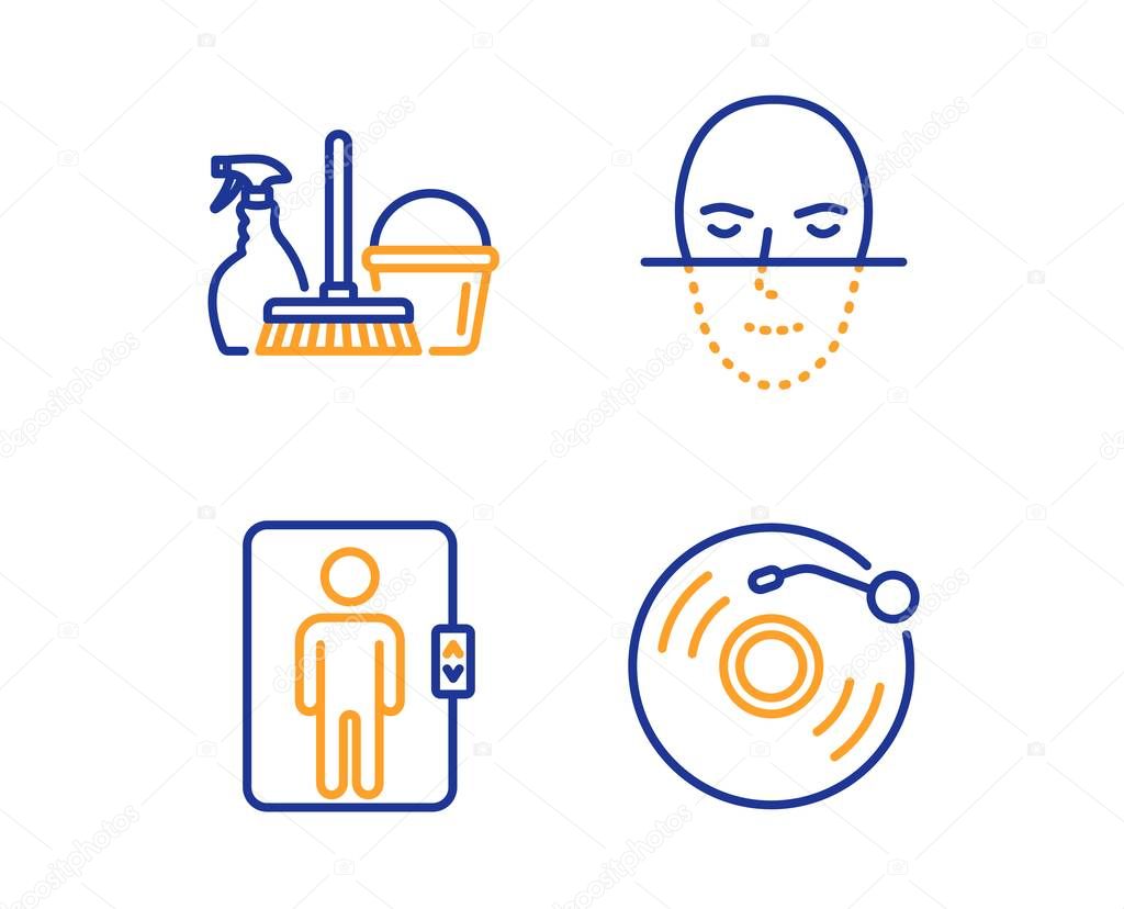 Elevator, Face recognition and Household service icons set. Vinyl record sign. Vector