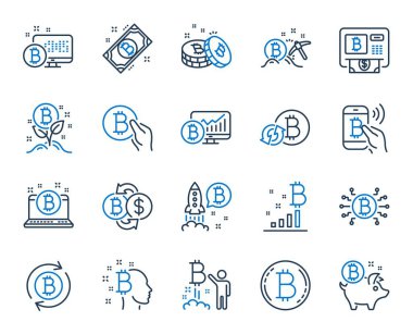 Cryptocurrency satır simgeleri. Blockchain, Crypto Ico start up ve Bitcoin seti. Vektör