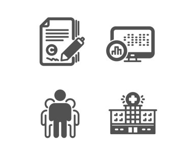 İstatistikleri, Grup ve Copywriting simgelerini bildirin. Hastane bina tabelası. Vektör