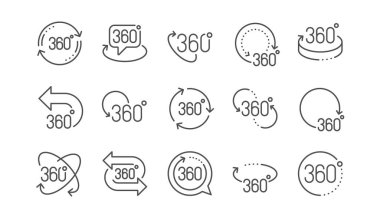 360 derece çizgi simgeleri. Oku döndürün, Vr panoramik simülasyonu, Tam döndürme. Vektör