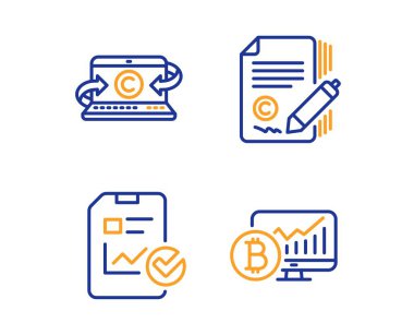 Rapor kontrol listesi, copywriting Notebook ve copywriting simgeleri ayarlayın. Bitcoin grafik işareti. Vektör