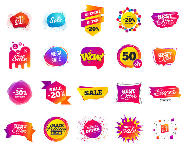 Sale banner. Special offer template tags. Cyber monday sale discounts. Black friday shopping icons. Vector