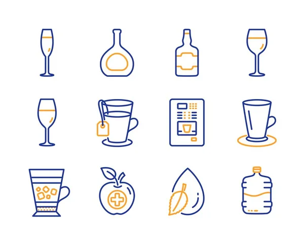 Conjunto de iconos de vino, frappe y comida médica. Botella de whisky, taza de té y señales de gota de agua. Vector — Vector de stock