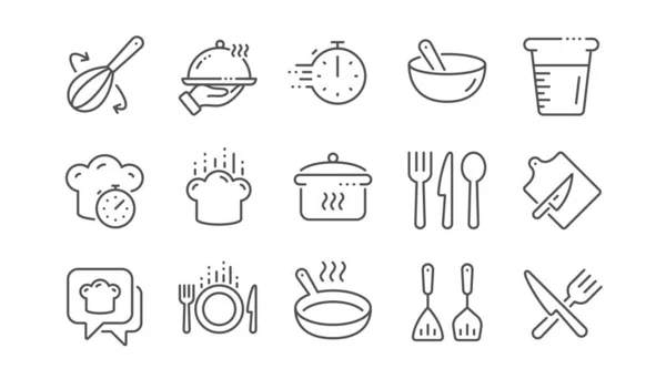 Icônes de ligne de cuisson. Temps d'ébullition, poêle et ustensiles de cuisine. Ensemble linéaire. Vecteur — Image vectorielle