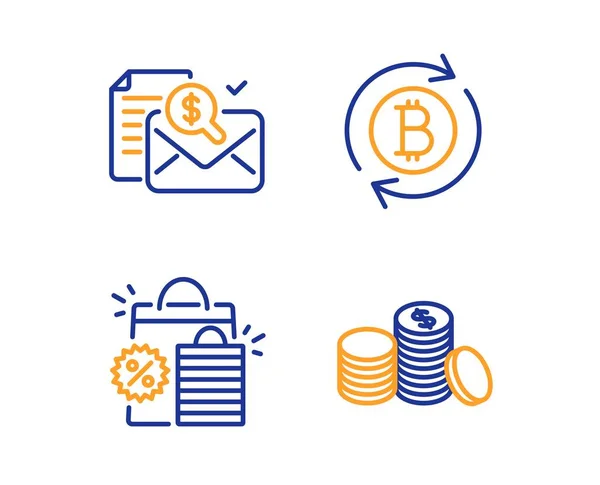 Shopping bags, Accounting report and Refresh bitcoin icons set. Banking money sign. Vector — Stock Vector