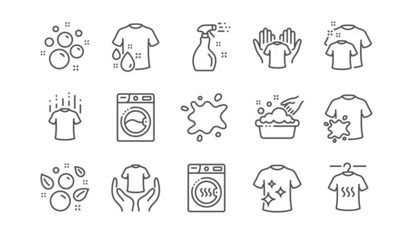 Wasserij lijn iconen. Droger, wasmachine en vuil overhemd. Lineaire set. Vector — Stockvector