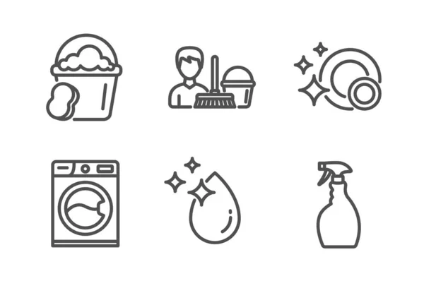 Set de iconos de esponja, platos limpios y servicio de limpieza. Gota de agua, lavadora y letreros de aerosol. Vector — Vector de stock