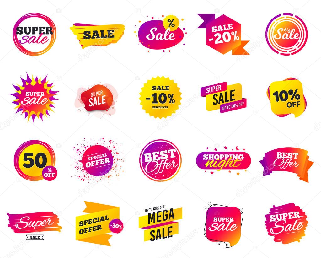 Sale banner. Special offer template tags. Cyber monday sale discounts. Black friday shopping icons. Vector