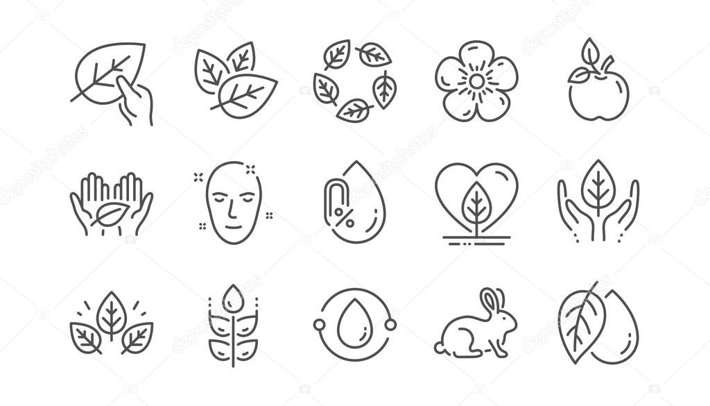 Organic cosmetics line icons. No alcohol free, synthetic fragrance, fair trade. Sustainable textiles, animal testing, eco organic icons. Linear set. Vector