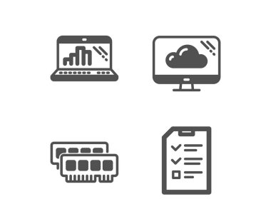 Grafik dizüstü, bulut depolama ve RAM simgeleri. Röportaj işareti. Mobil rapor, bilgisayar, rasgele erişim belleği. Vektör