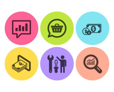 Dolar para, Tamirci ve Analitik sohbet simgeleri ayarlayın. Alışveriş sepeti, Nakit ve Veri analizi işaretleri. Vektör