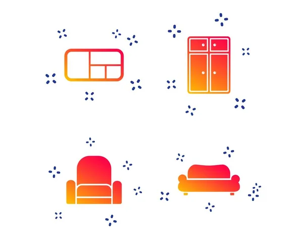 Furniture icons. Sofa, cupboard, and book shelf. Vector