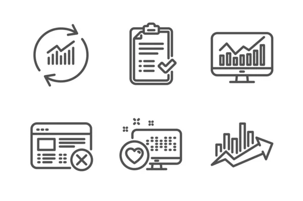 Rejeter web, Mettre à jour les données et Liste de vérification approuvée icônes ensemble. Cœur, statistiques et signes de croissance graphique. Vecteur — Image vectorielle