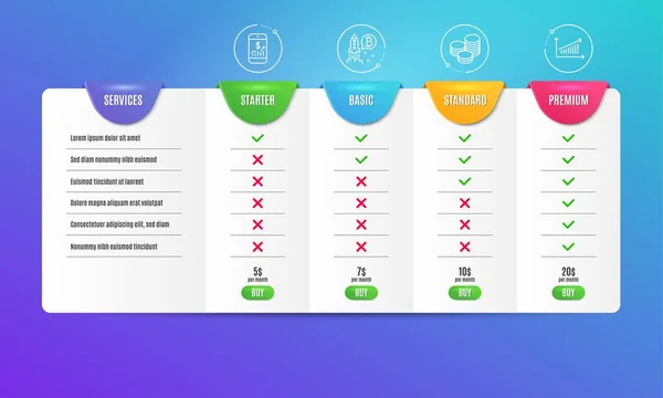 Bitcoin proyecto, Consejos y móviles iconos de financiación establecidos. Signo gráfico. Vector — Vector de stock