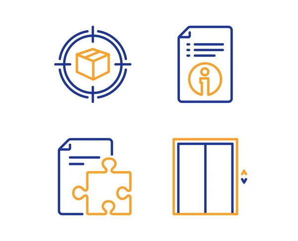 Parcel tracking, Strategy and Technical info icons set. Lift sign. Box in target, Puzzle, Documentation. Vector