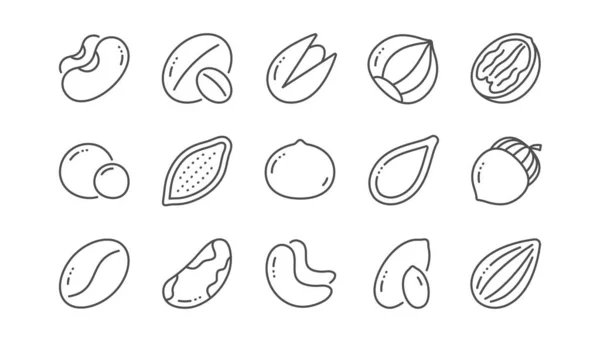 Noix et graines ligne icônes. Noisettes, amandes et cacahuètes. Ensemble linéaire. Vecteur — Image vectorielle