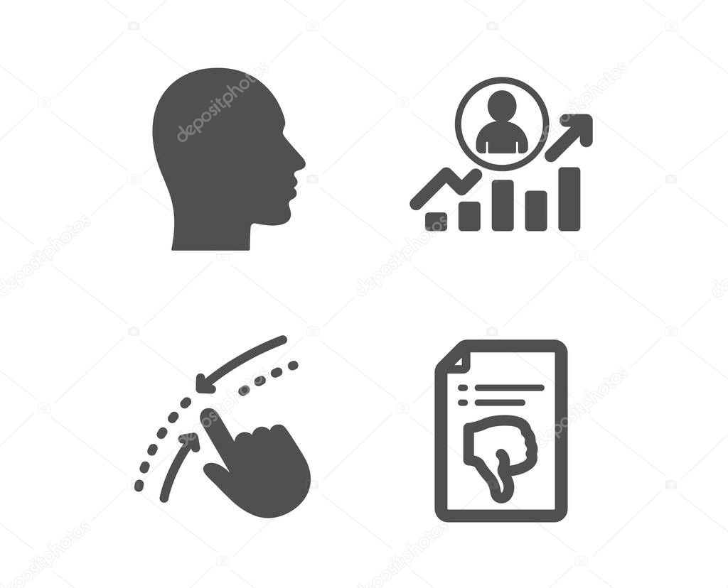 Swipe up, Career ladder and Head icons. Thumb down sign. Touch down, Manager results, Human profile. Vector