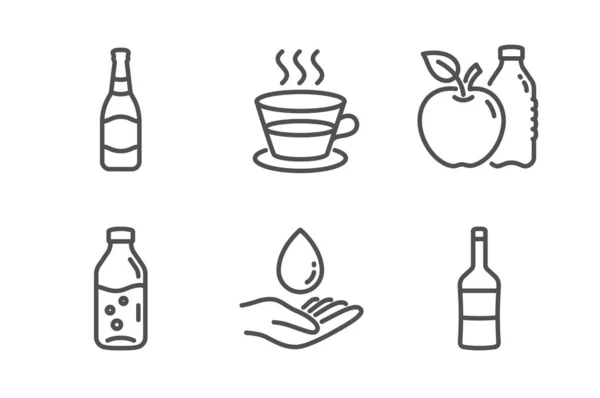 Woda, butelka wody i ikony Apple zestaw. Filiżanka kawy, butelka piwa i znaki wina. Kropla wody, napój gazowany. Wektor — Wektor stockowy