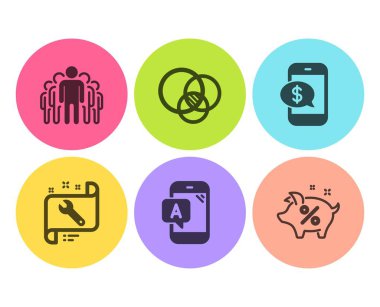 Euler diagram, Ab testing and Phone payment icons set. Spanner, Group and Loan percent signs. Vector
