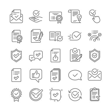 Satır simgelerini onaylayın. Kontrol Listesi, Sertifika ve Ödül madalyası seti. Vektör