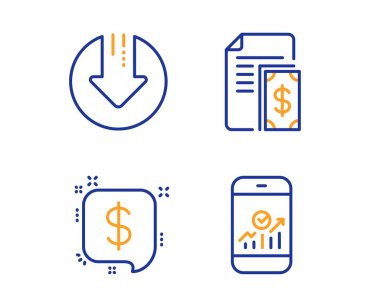 Ödeme, ödeme mesajı ve Indir ok simgeleri ayarlayın. Akıllı telefon istatistik işareti. Nakit para, finans, kriz. Vektör