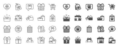 Hediye satırı simgeleri. Mevcut, Teklif ve Satış. Vektör