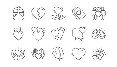 Aşk çizgisi simgeleri. Hediye kutusu, Kalp ve Romantik mektup. Doğrusal ayar. Vektör