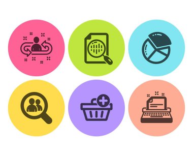 Pasta grafiği, Arama çalışanları ve Analytics grafik simgeleri ayarlanır. İşe alım, satın alma ve Daktilo işaretleri ekleyin. Vektör