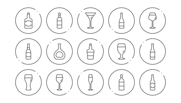 Iconos de línea de botellas. Bebidas de cerveza, copa de vino y botella de whisky. Set de iconos lineales. Vector — Archivo Imágenes Vectoriales