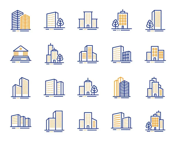Buildings line icons. Bank, hotel, courthouse. City architecture, skyscraper building. Vector