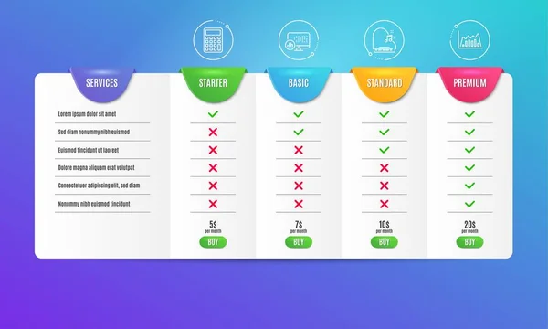 Calculadora, Estadísticas de informes y conjunto de iconos de piano. Signo gráfico de infografía. Vector — Vector de stock