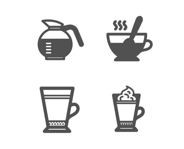 Tasse à thé, cafetière et icônes Latte. Un panneau de café Latte. Café avec cuillère, boisson chaude avec crème fouettée. Vecteur — Image vectorielle