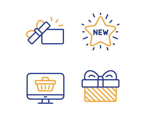 Otwarty prezent, nowe gwiazdki i sklep internetowy ikony zestaw. Znak prezentu. Obecne pudełko, zakupy, koszyk. Obecny. Wektor — Wektor stockowy
