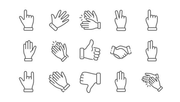 Los gestos de la mano alinean iconos. apretón de manos, aplaudir, victoria. Conjunto lineal. Vector — Vector de stock
