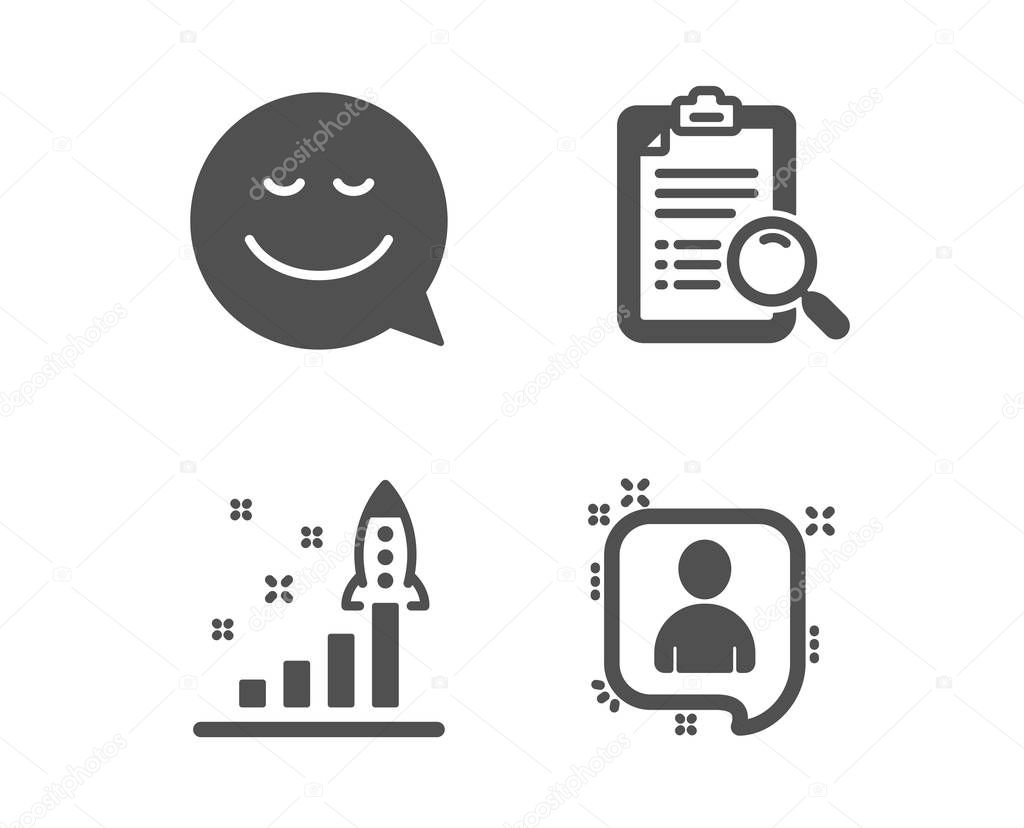 Search analysis, Development plan and Smile icons. Developers chat sign. Find survey, Strategy, Chat emotion. Vector
