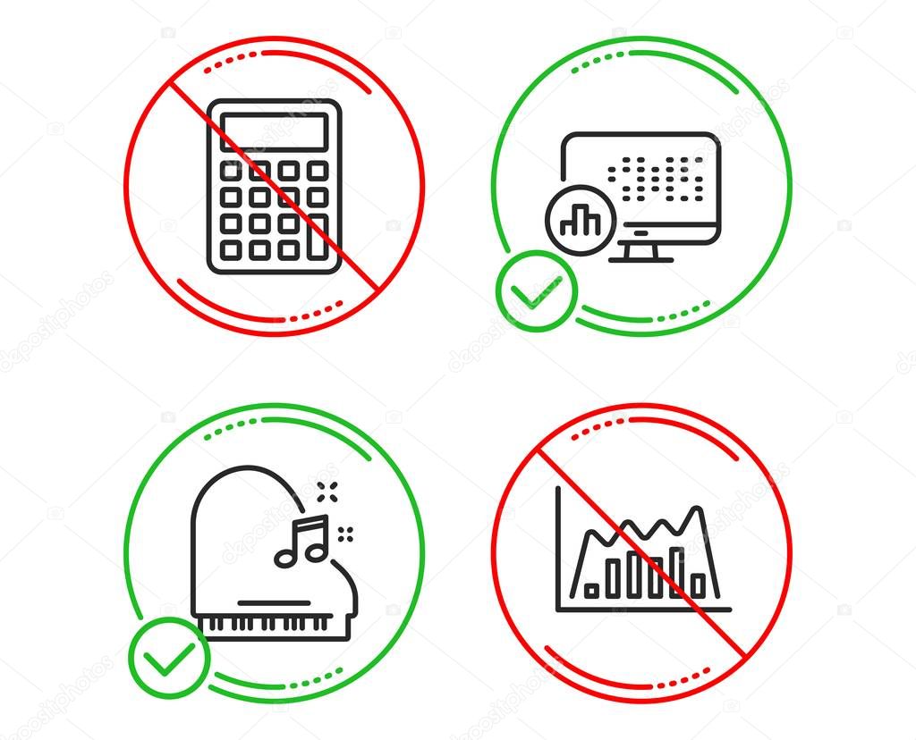 Calculator, Report statistics and Piano icons set. Infographic graph sign. Vector