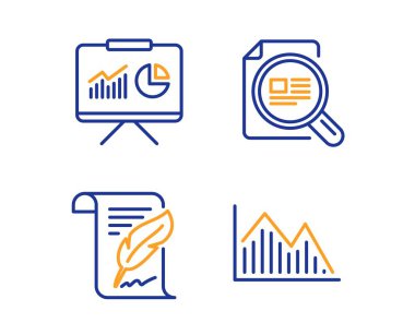Makaleyi, Tüy ve Sunu simgelerini ayarlayın. Yatırım grafiği işareti. Vektör