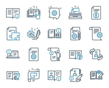 Teknik Dokümantasyon satırı simgeleri. Öğretim, Plan ve El Kitabı Seti. Vektör